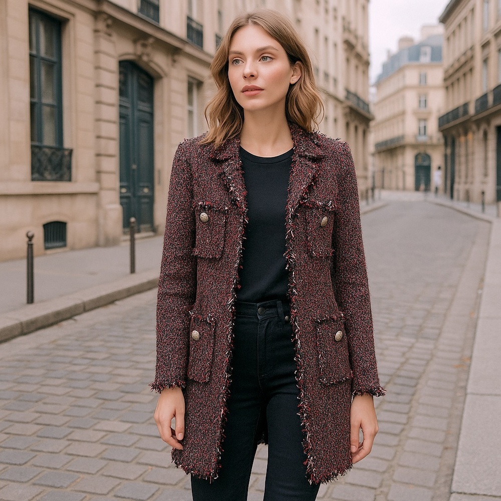 Zara Basic Tweed Longline Coat Jacket XS Black Red Fringe Bouclé